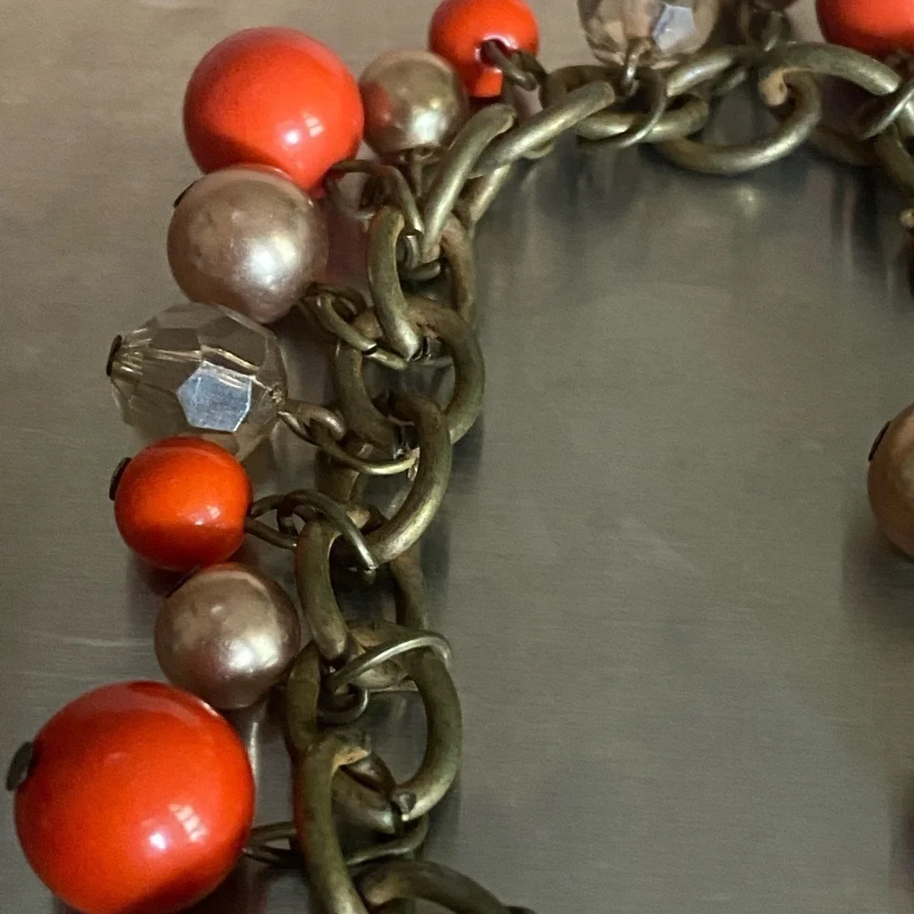 Vintage Chunky Charm Bracelet Orange Gold‎ Beaded Dangle Costume Jewelry